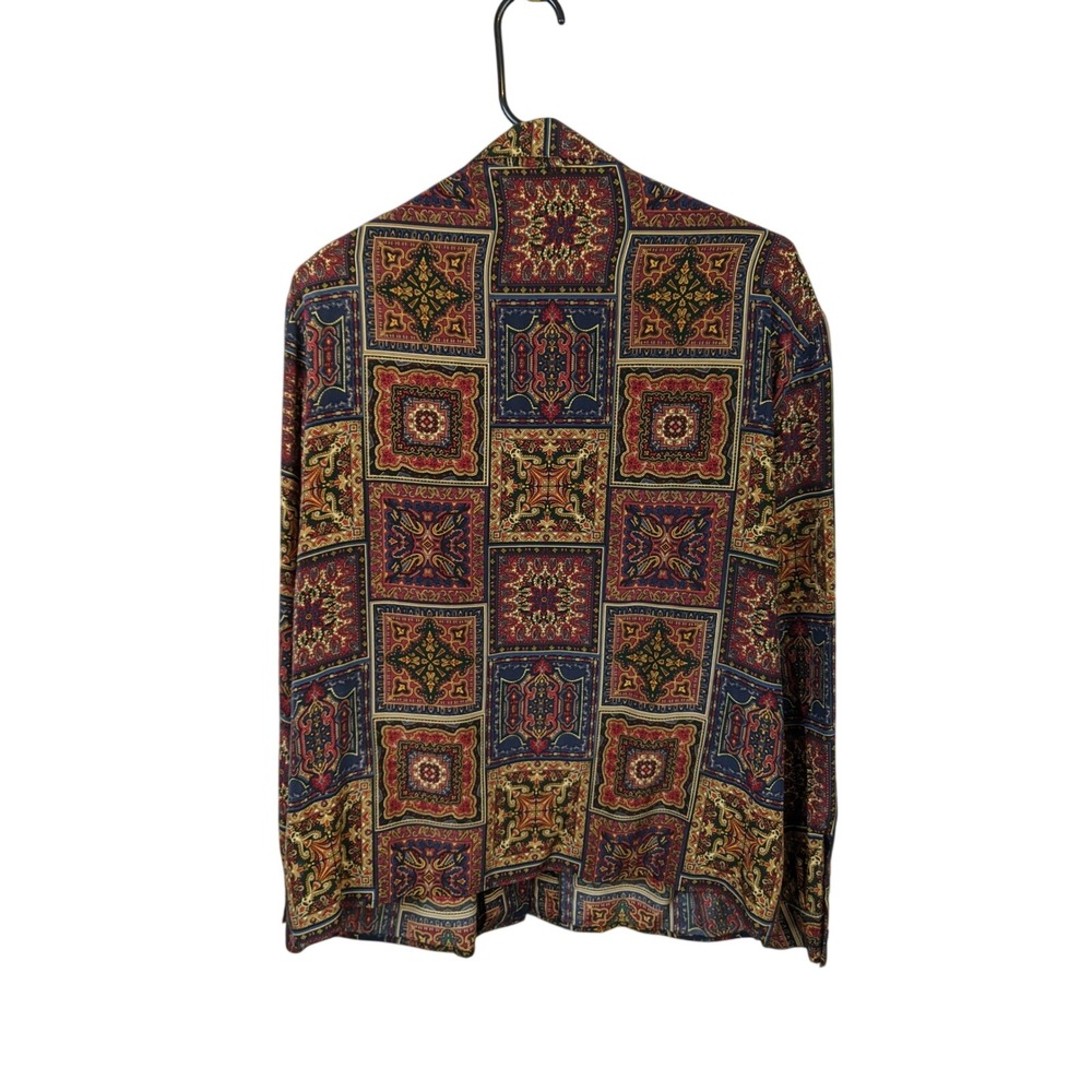 Talbots 100% Silk Brown Paisley Geometric Tile Button Down Blouse Shirt 14 - Picture 2 of 6